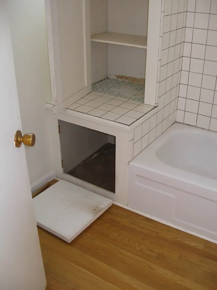 Stylish bath remodel with a floating vanity in the Inner Richmond, San Francisco: base old
