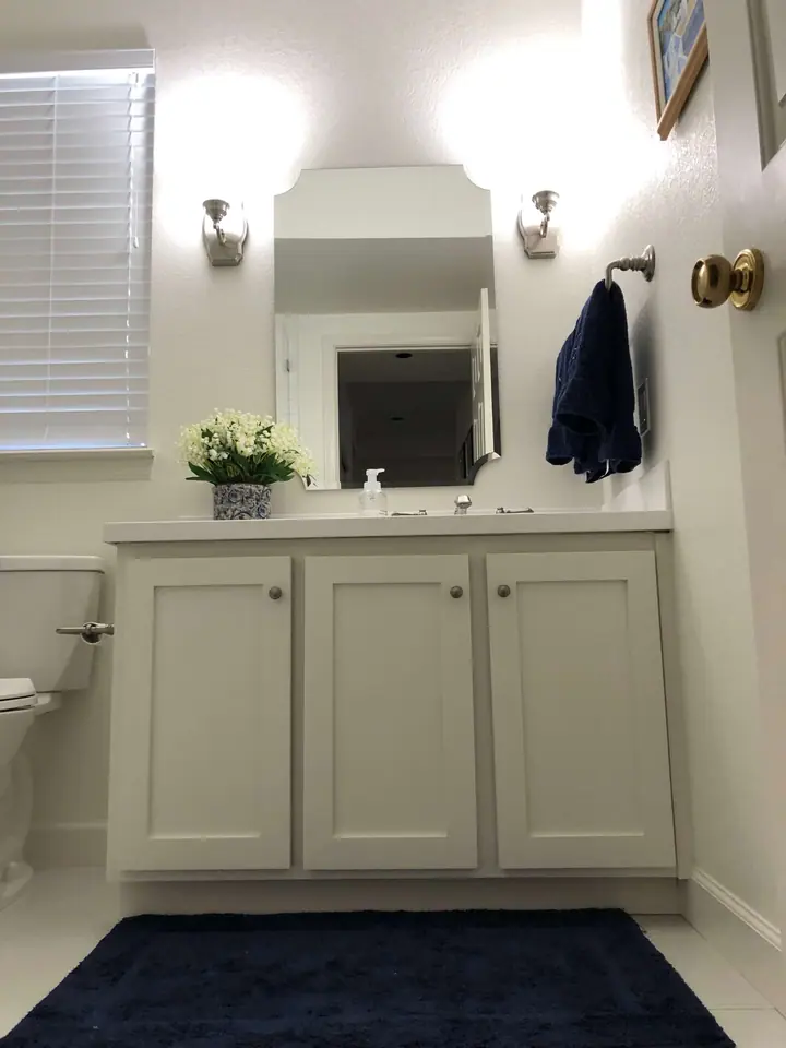 Guest bath remodel in San Rafael: new doors lovely new mirror and light sconces
