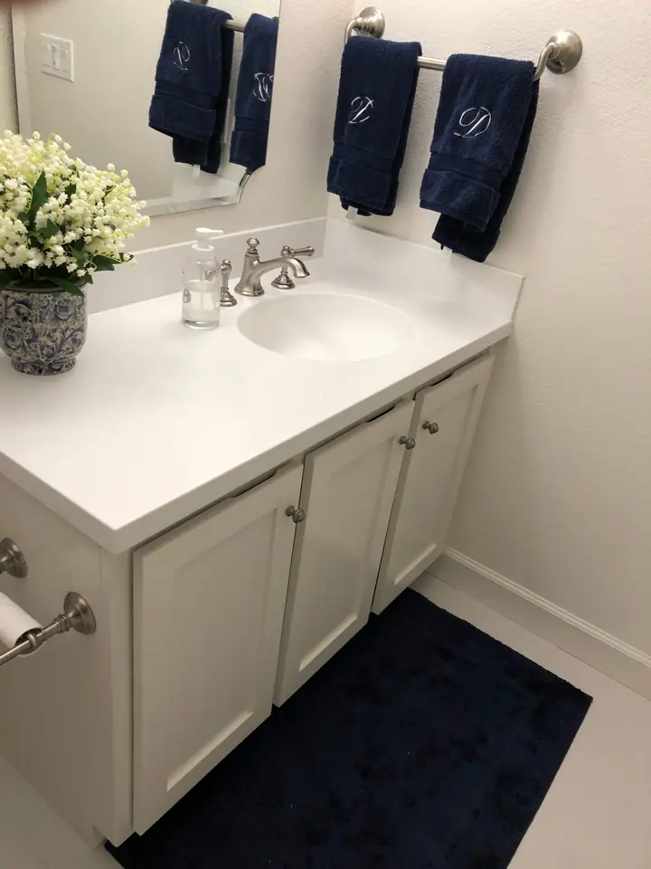 Guest bath remodel in San Rafael: vanity erase the med cabinet new shaker doors counter faucet