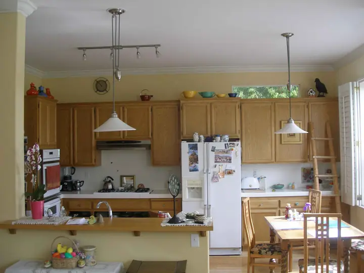 Kitchen reorientation remodel with special features in Petaluma: Before east run