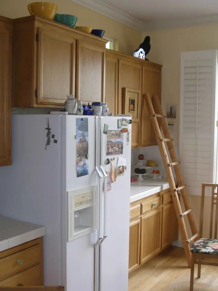 Kitchen reorientation remodel with special features in Petaluma: Before old fridge