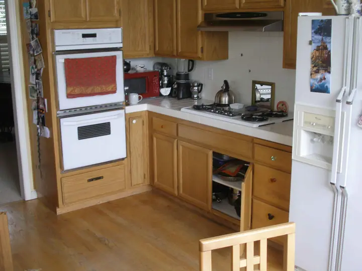 Kitchen reorientation remodel with special features in Petaluma: Before old stove corner