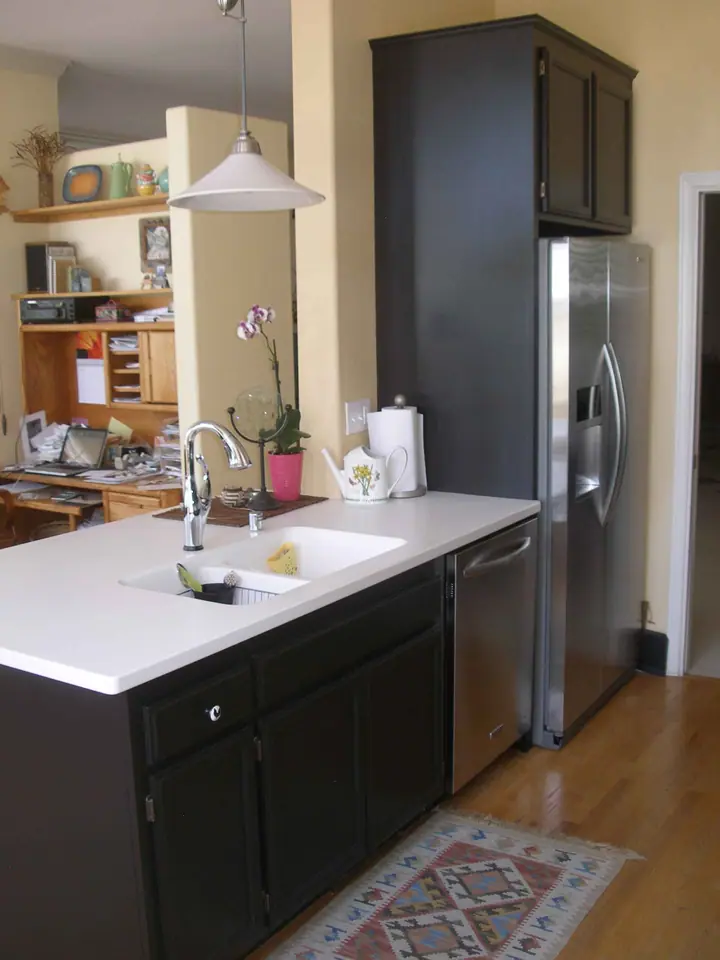 Kitchen reorientation remodel with special features in Petaluma: sink fridge