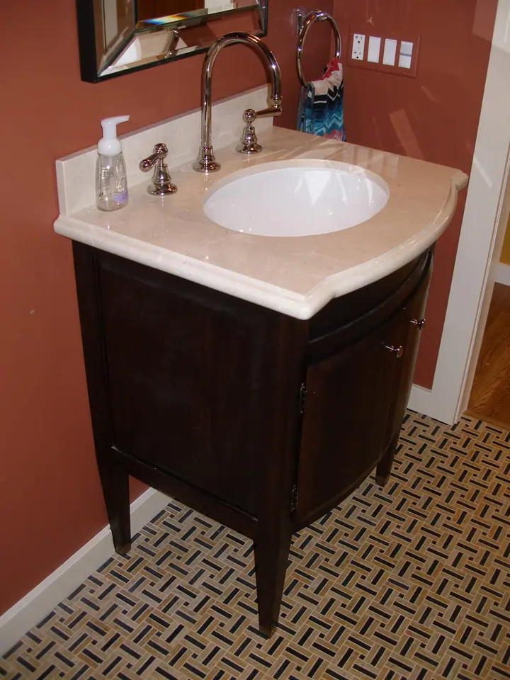 Pacific Heights guest bath with a freestanding vanity and new tile floor: bath