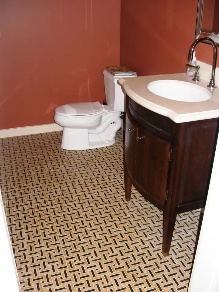Pacific Heights guest bath with a freestanding vanity and new tile floor: floor