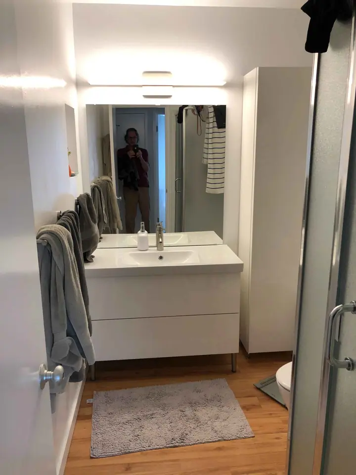 Retrofitting a washer and dryer into a bathroom in Mill Valley: Before